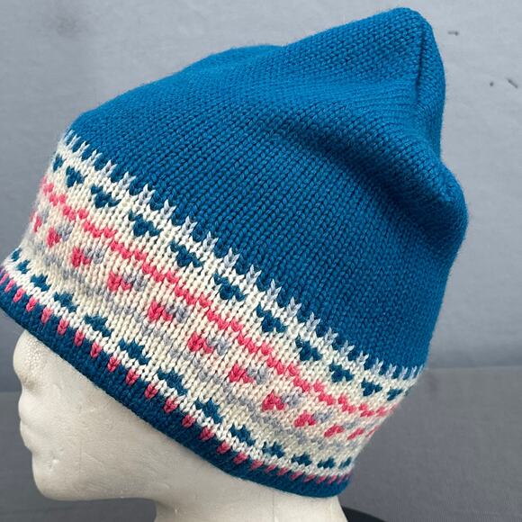 VTG MadHatter Wool Knit Beanie Hat Blue Pink Fair Isle Heart Canada Retro 80s OS - Picture 4 of 16